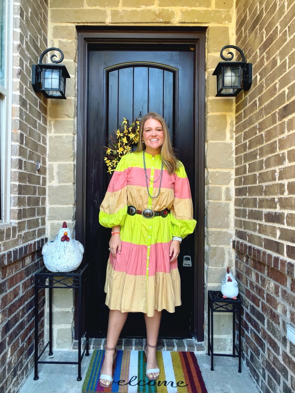 Neon Green, Pink & Tan Colorblock Tiered Midi Dress